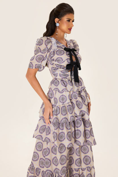 Ruffle Puff Sleeve Bow Midi Dress