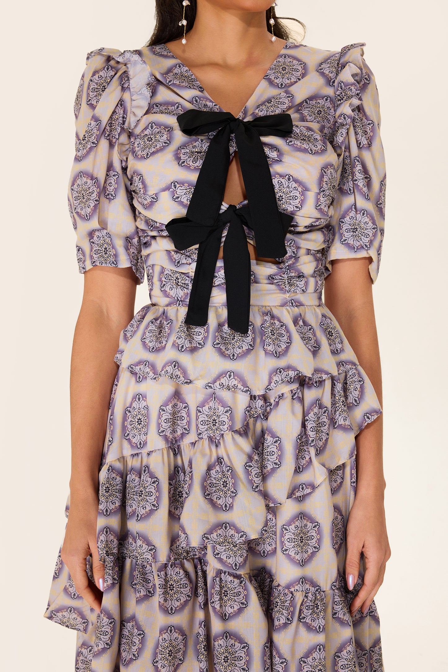 Ruffle Puff Sleeve Bow Midi Dress