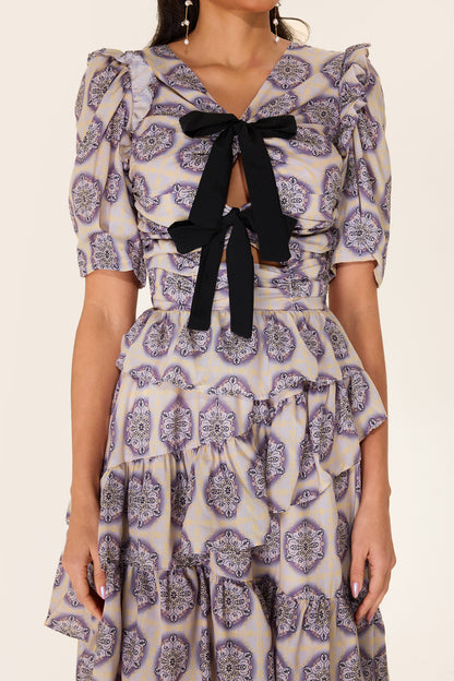 Ruffle Puff Sleeve Bow Midi Dress