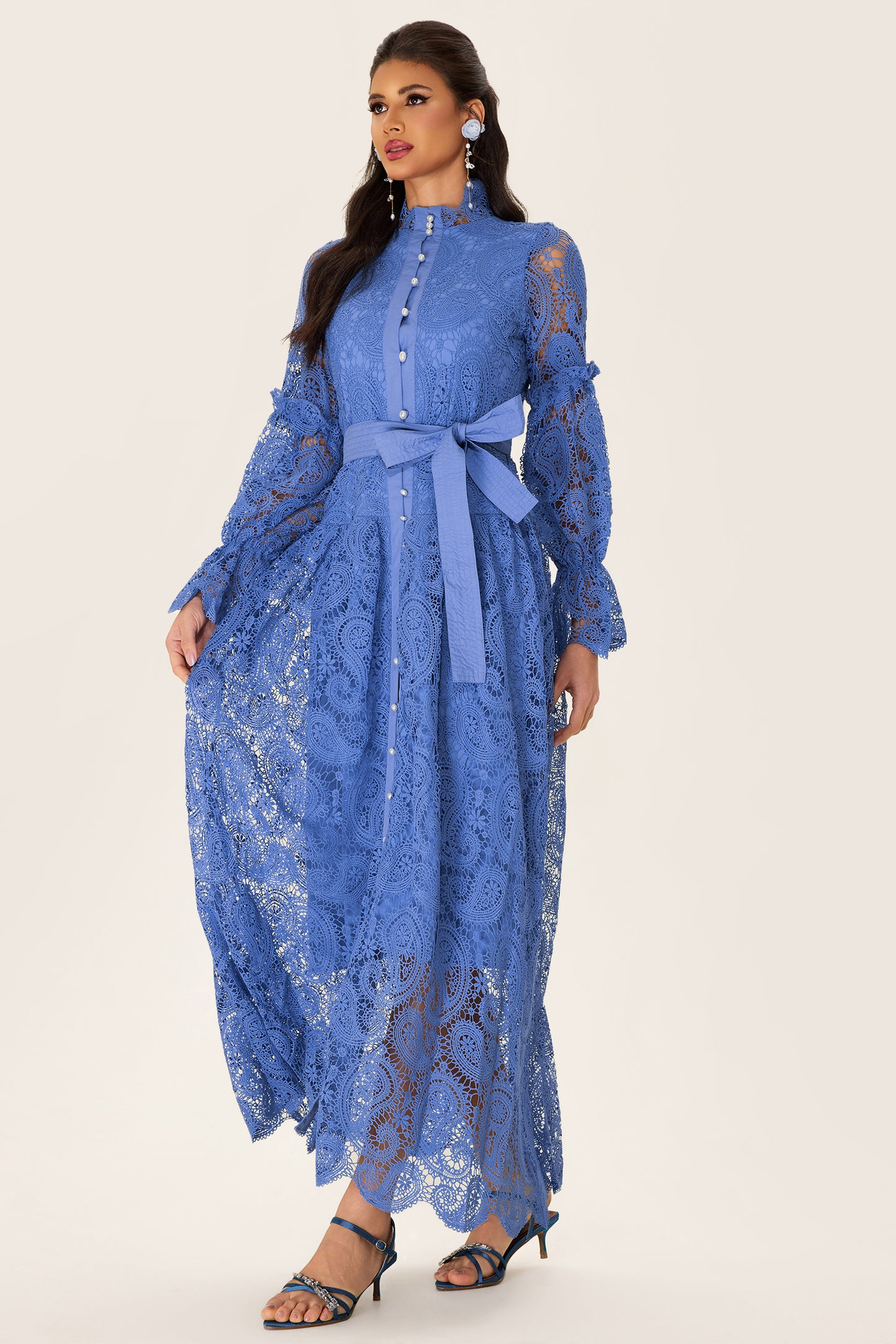 Single Breasted Lace Split Midi Dress