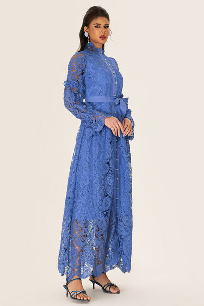 Single Breasted Lace Split Midi Dress