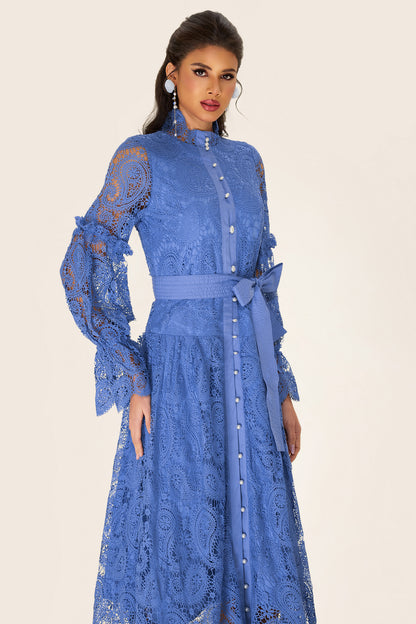 Single Breasted Lace Split Midi Dress