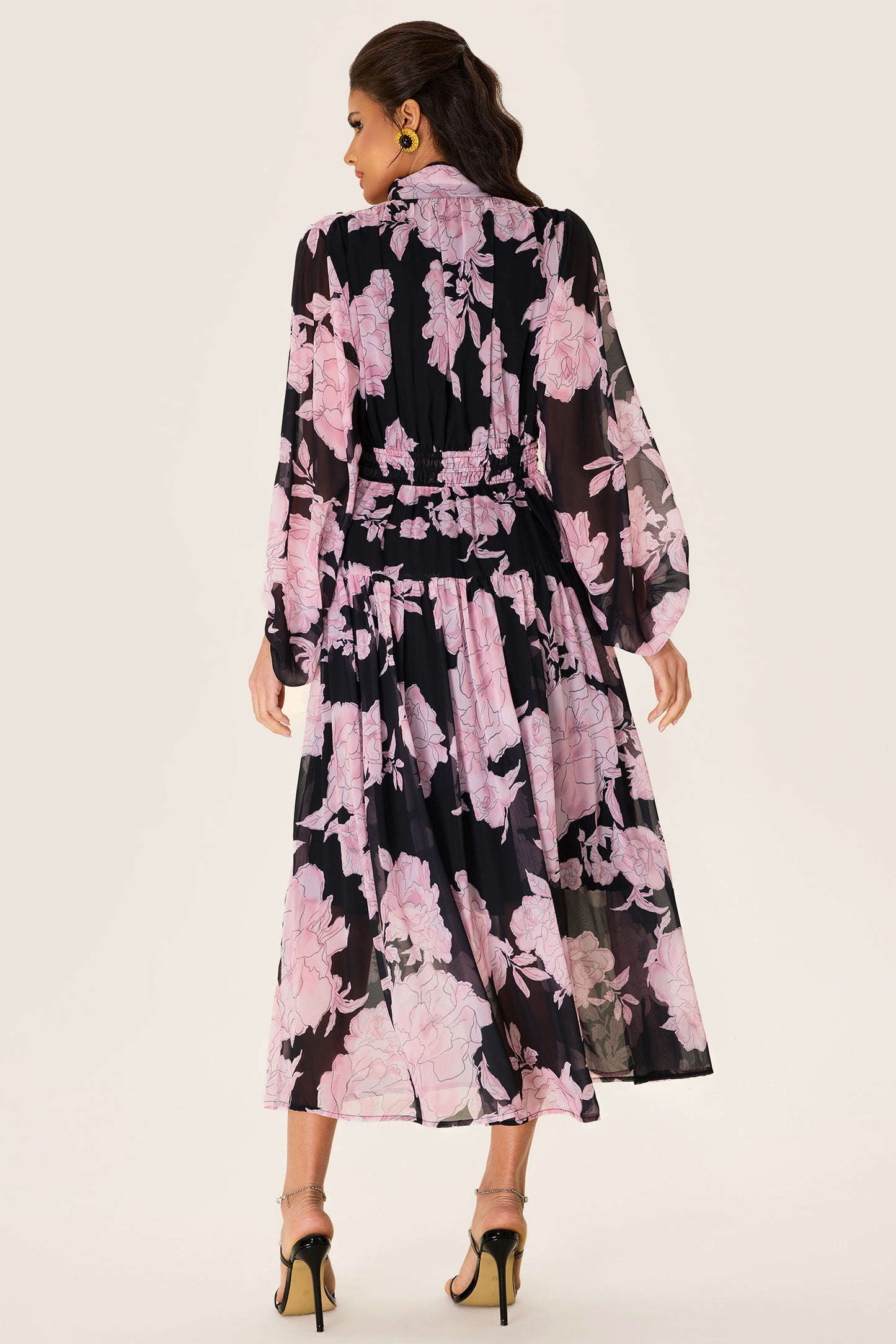 Floral Long Sleeve Smocking Midi Dress