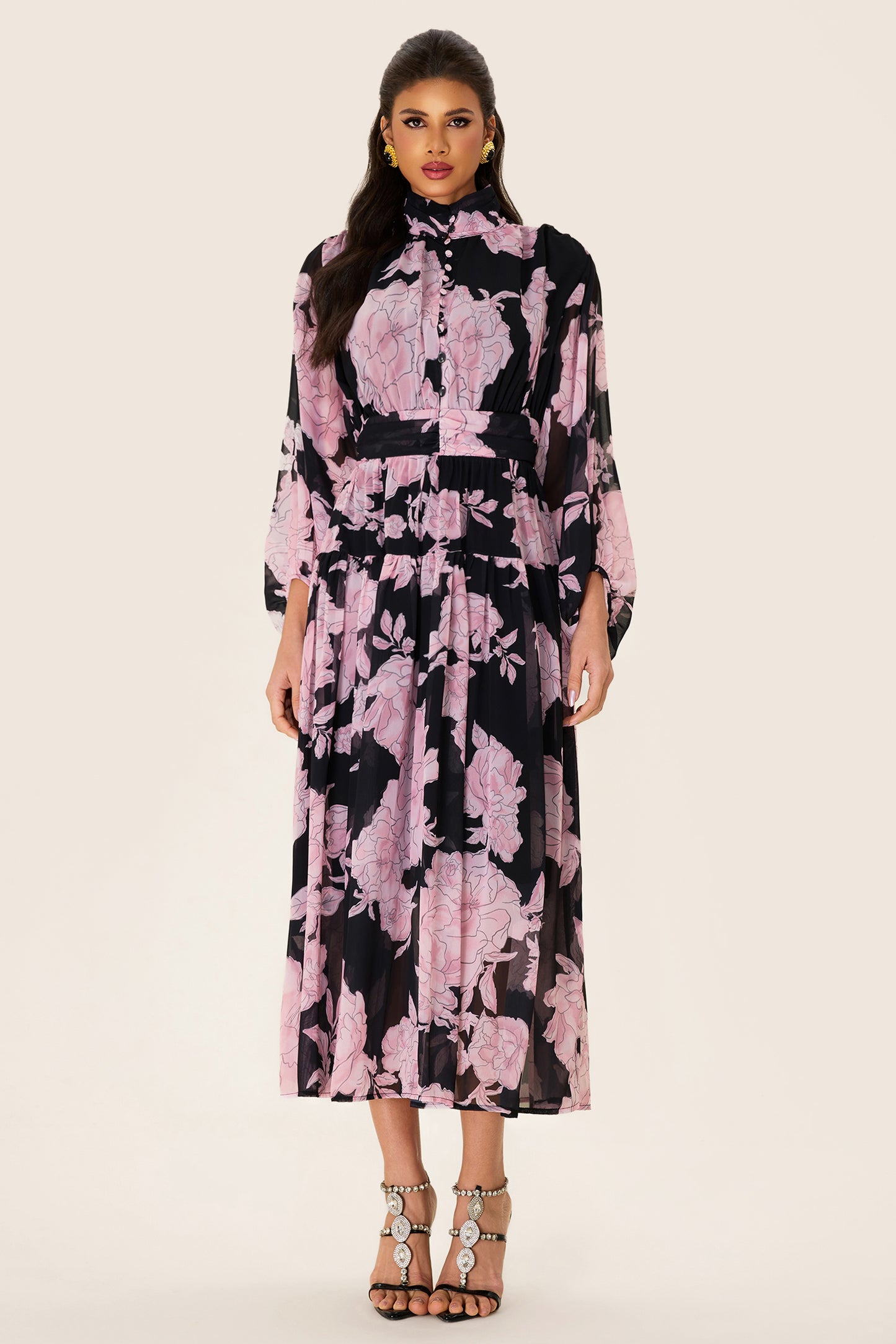 Floral Long Sleeve Smocking Midi Dress