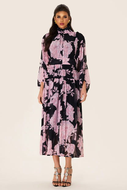 Floral Long Sleeve Smocking Midi Dress