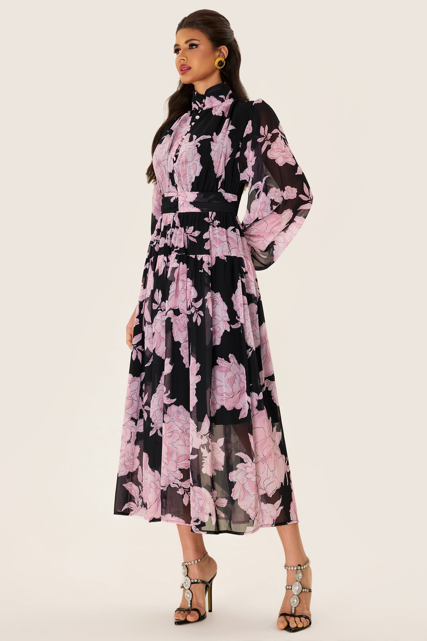 Floral Long Sleeve Smocking Midi Dress