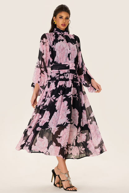 Floral Long Sleeve Smocking Midi Dress