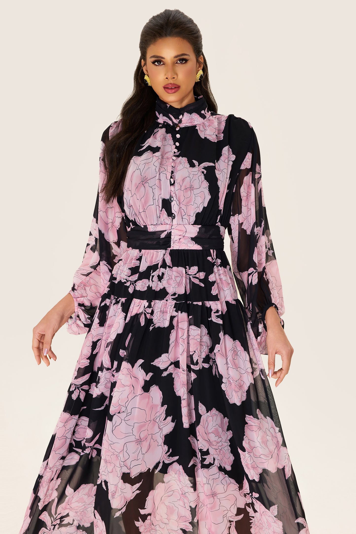 Floral Long Sleeve Smocking Midi Dress