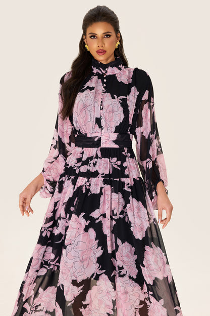 Floral Long Sleeve Smocking Midi Dress