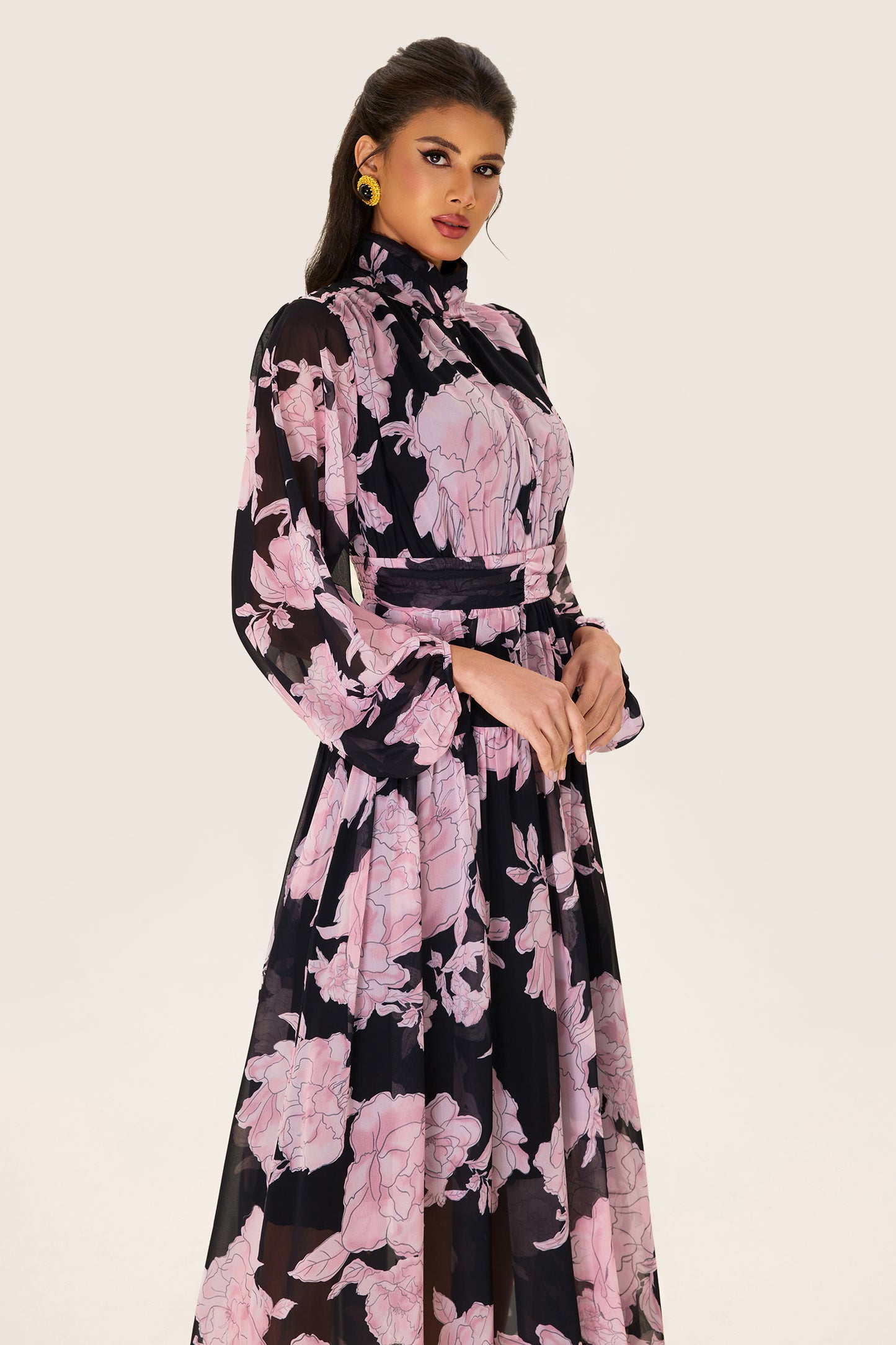 Floral Long Sleeve Smocking Midi Dress