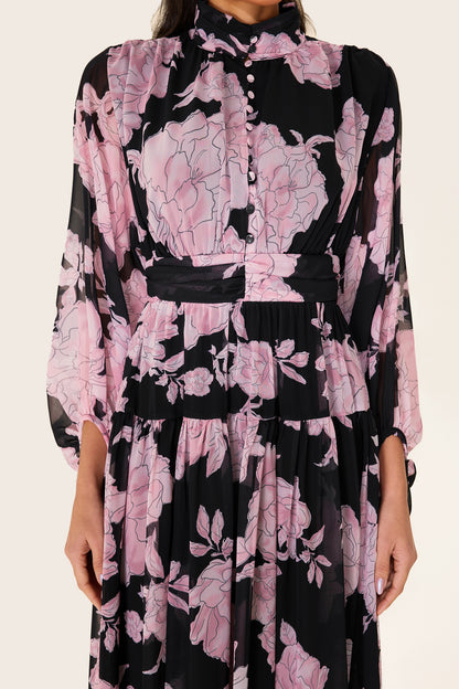 Floral Long Sleeve Smocking Midi Dress