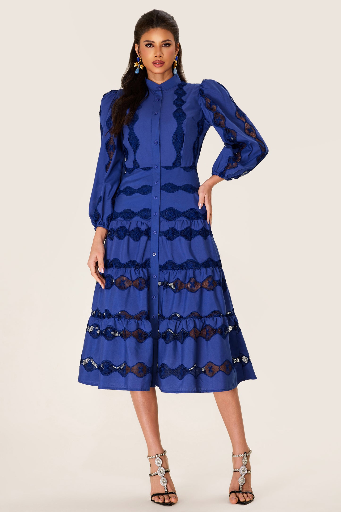 Embroidered Solid Bottom Midi Dress