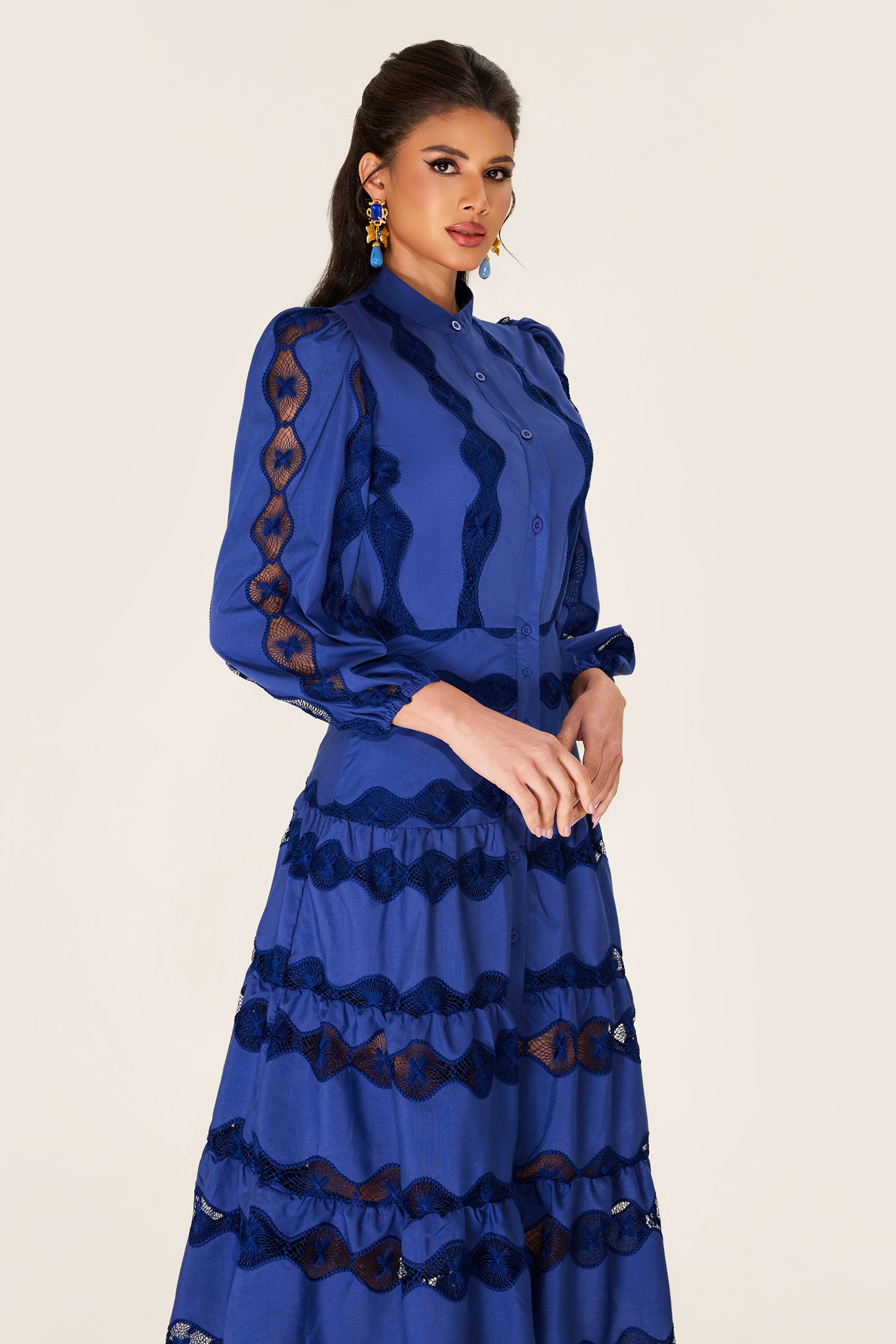 Embroidered Solid Bottom Midi Dress