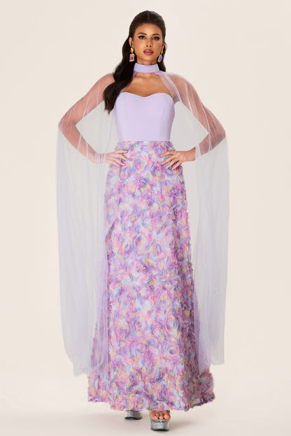 3D Flower Heart Shape Neck Maxi Dress With Cape
