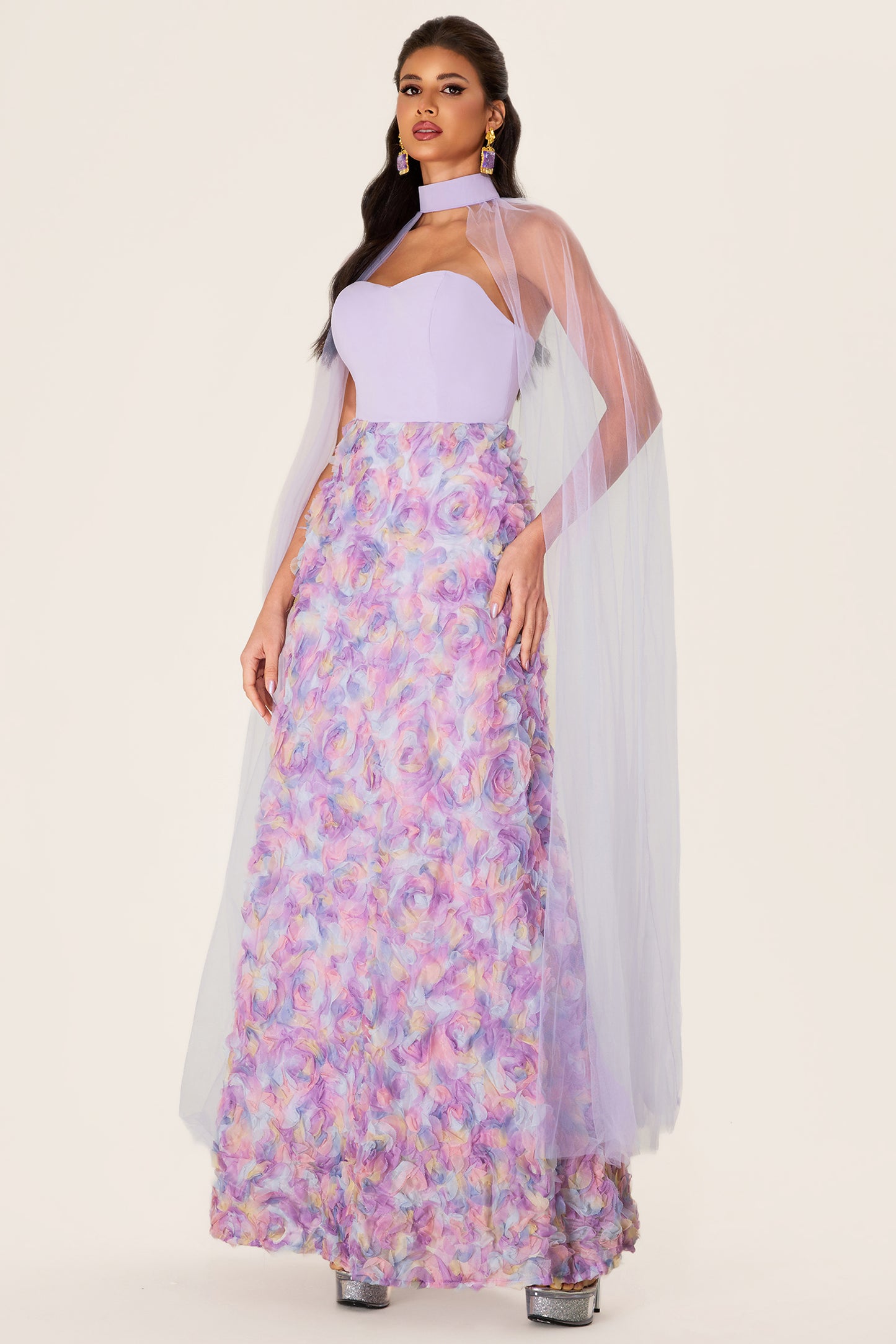 3D Flower Heart Shape Neck Maxi Dress With Cape