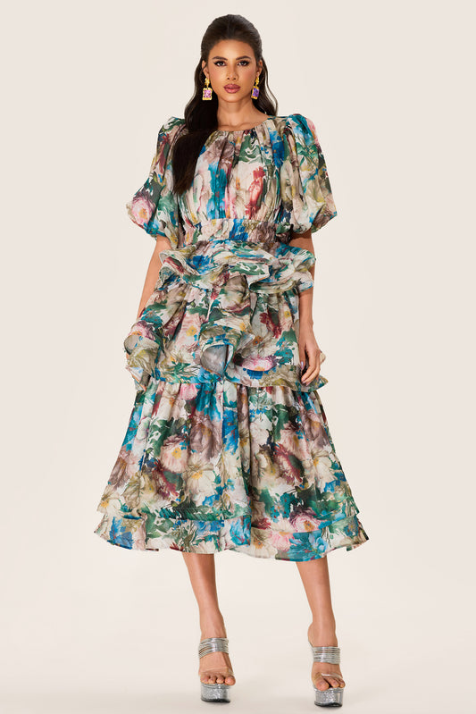 Floral Puff Sleeve Tiered Midi Dress