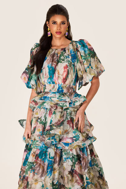 Floral Puff Sleeve Tiered Midi Dress