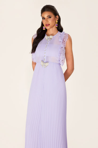 Rhinestone Bow Sleeveless Pleat Midi Dress