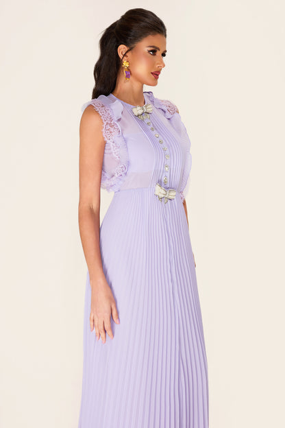 Rhinestone Bow Sleeveless Pleat Midi Dress