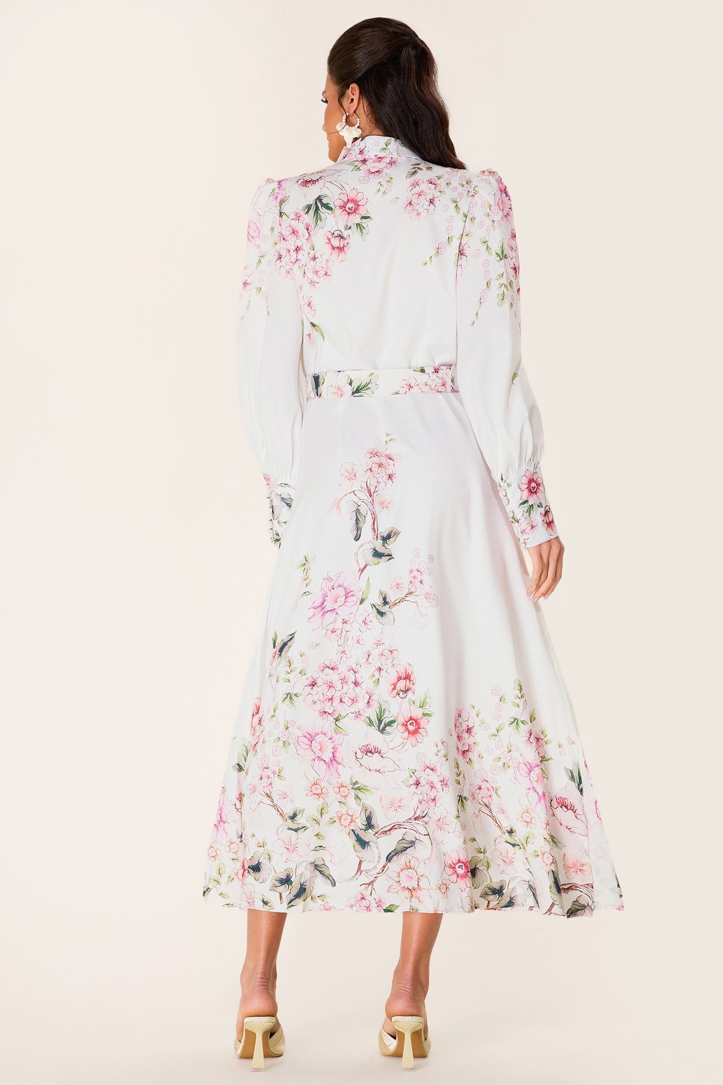 Floral Lantern Sleeve Midi Dress With Belt