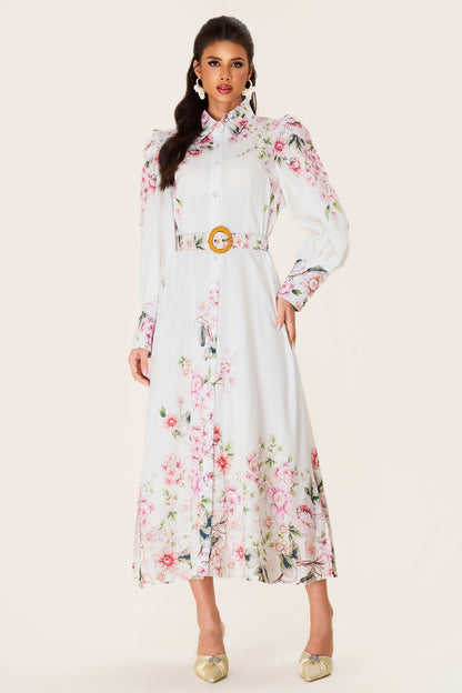 Floral Lantern Sleeve Midi Dress With Belt