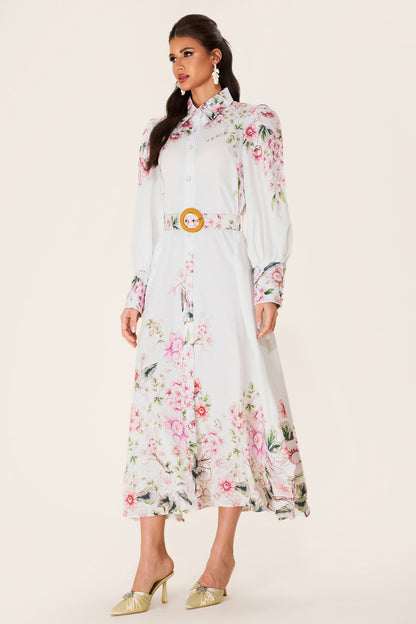Floral Lantern Sleeve Midi Dress With Belt