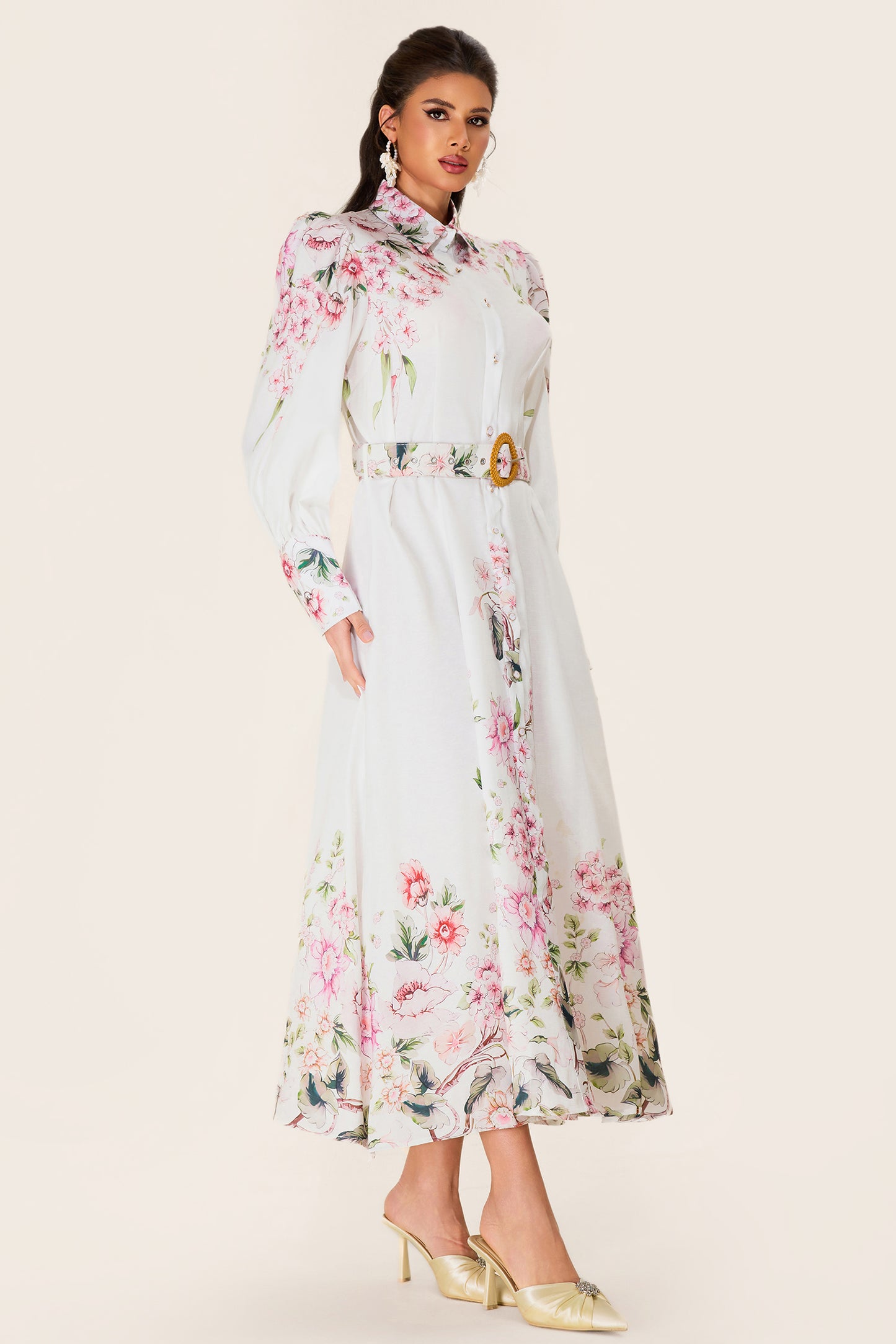 Floral Lantern Sleeve Midi Dress With Belt