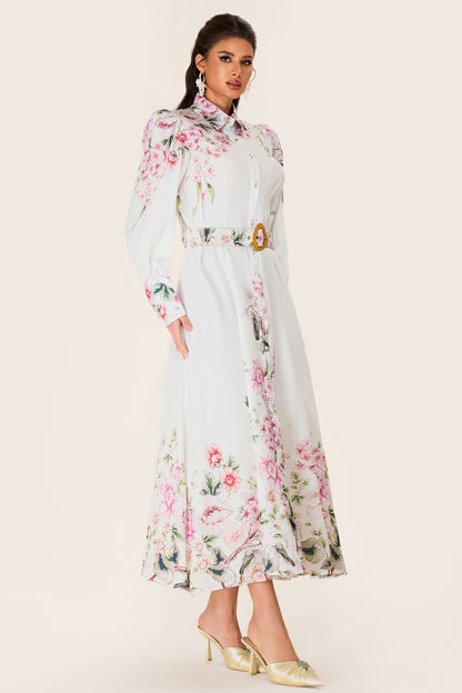 Floral Lantern Sleeve Midi Dress With Belt