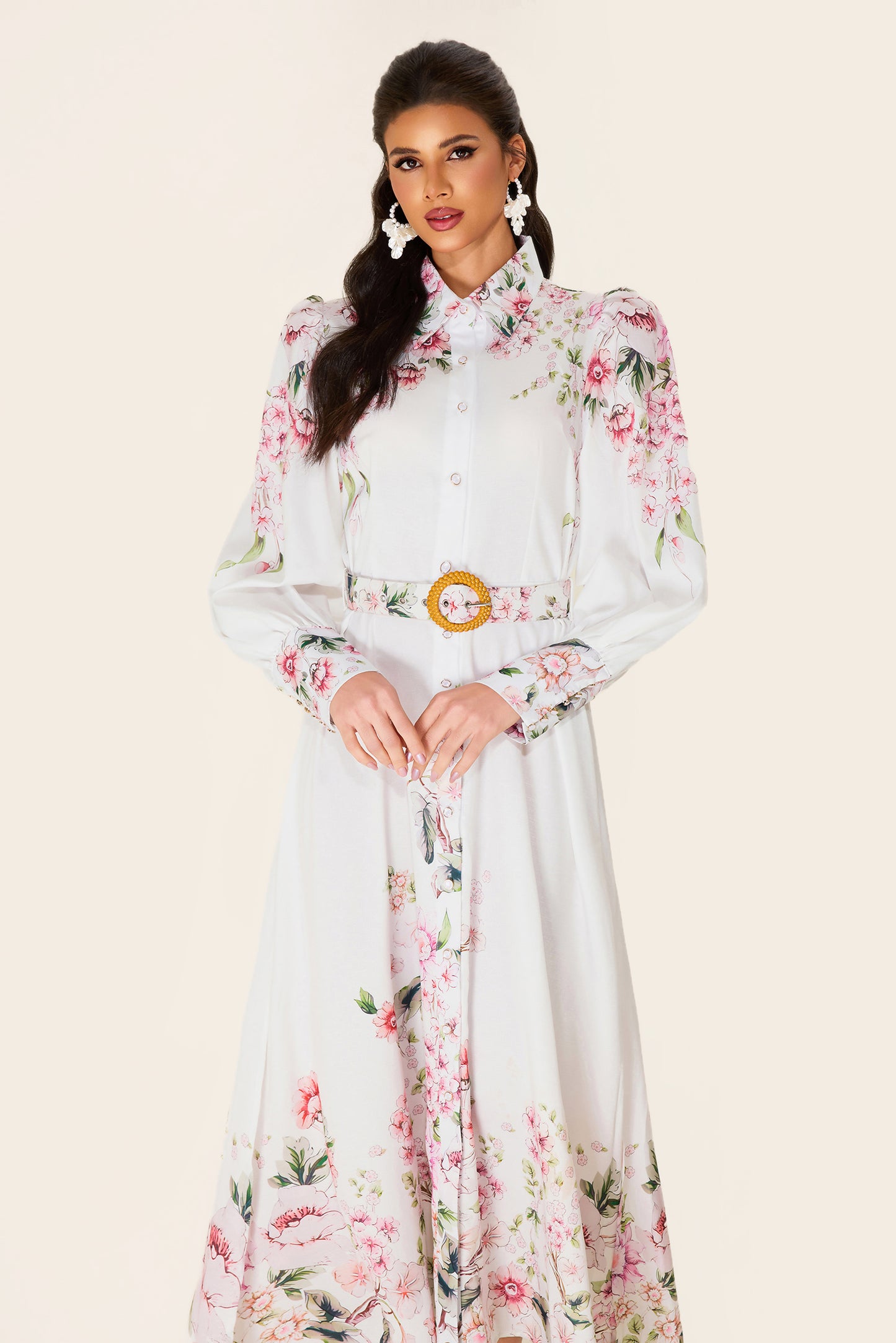 Floral Lantern Sleeve Midi Dress With Belt