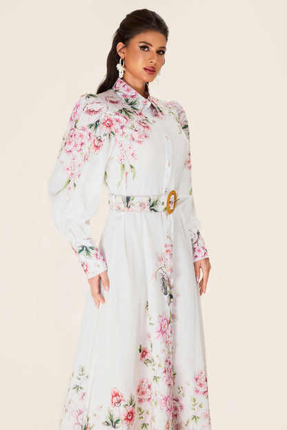 Floral Lantern Sleeve Midi Dress With Belt
