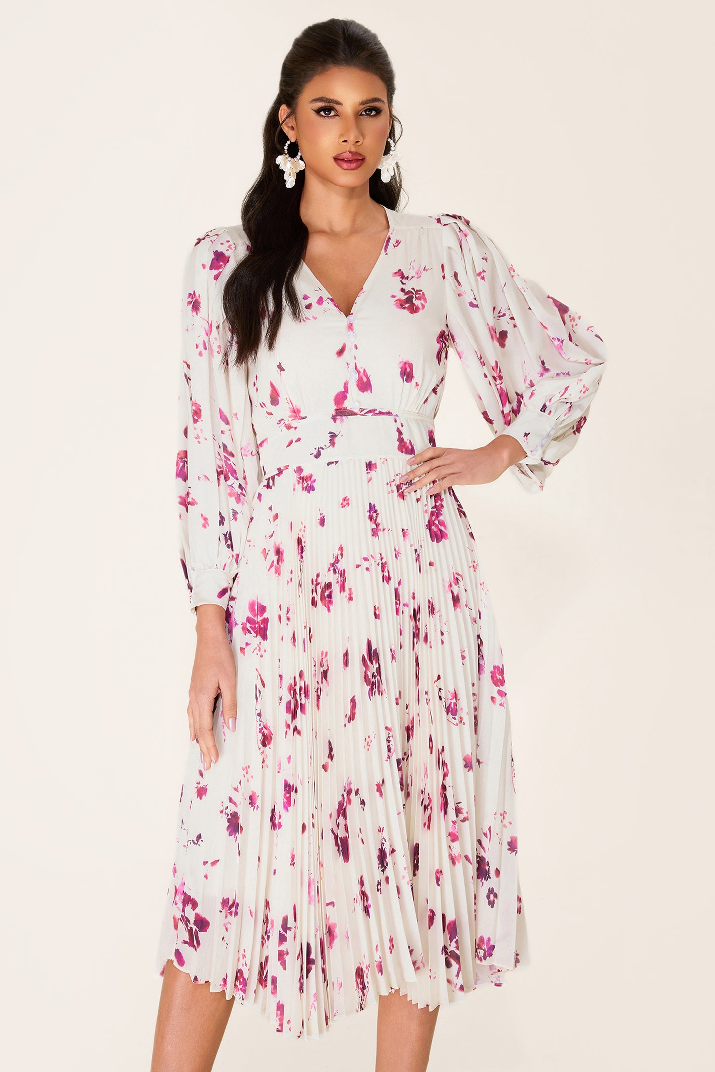 Chiffon Floral V-Neck Midi Dress