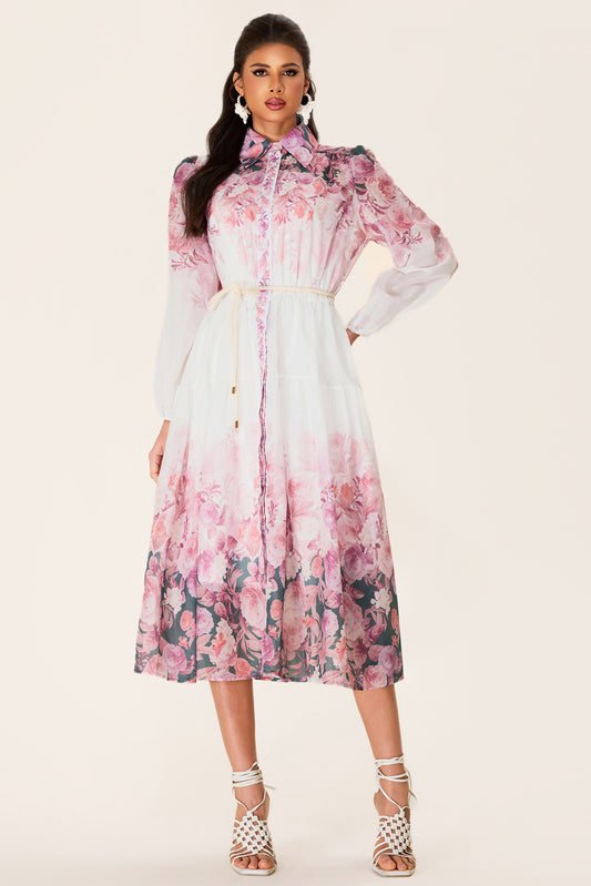 Floral Shirt Collar Long Sleeve Midi Dress