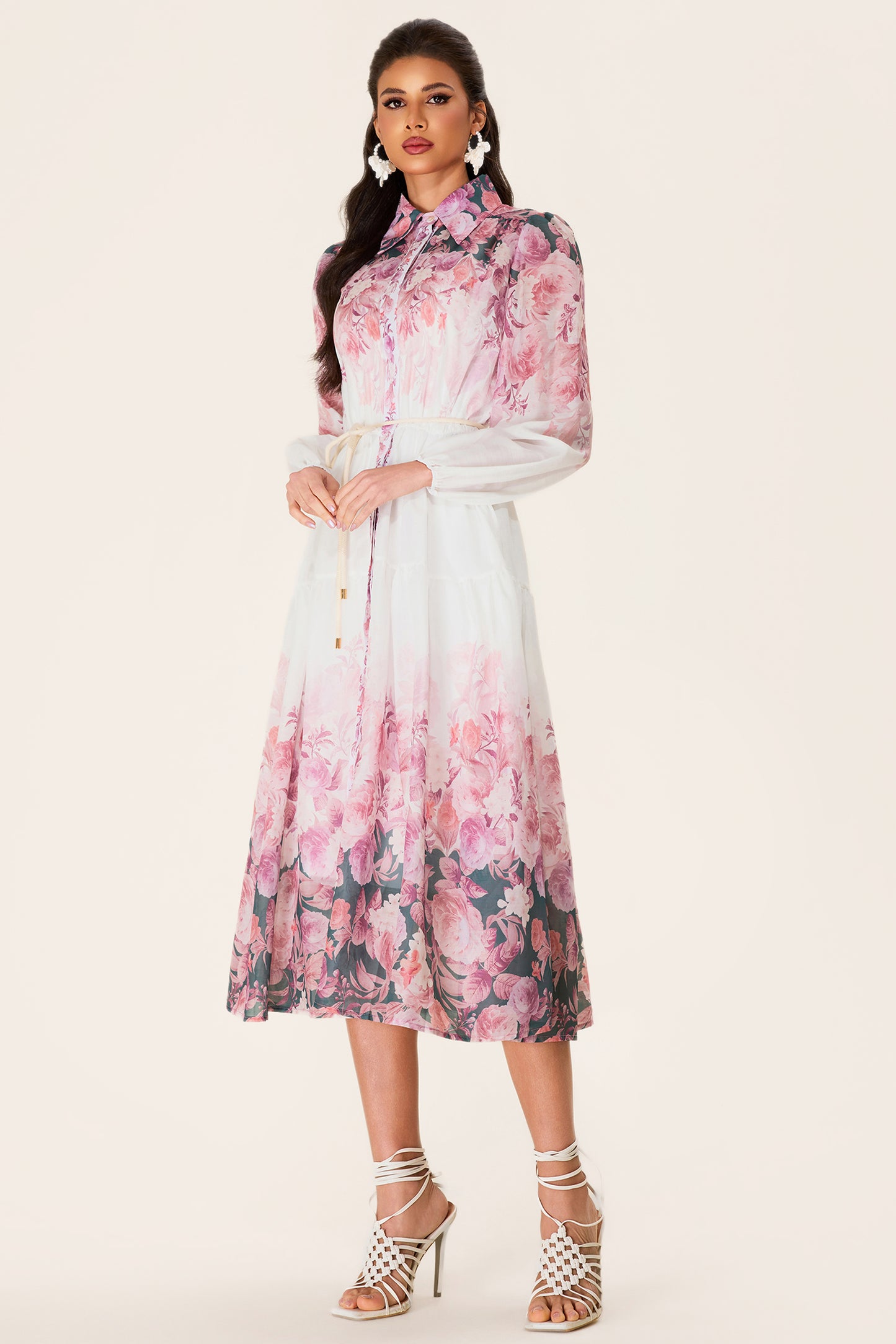 Floral Shirt Collar Long Sleeve Midi Dress