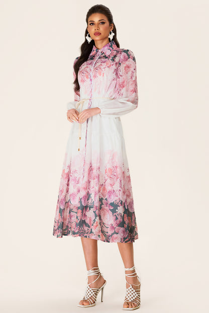 Floral Shirt Collar Long Sleeve Midi Dress
