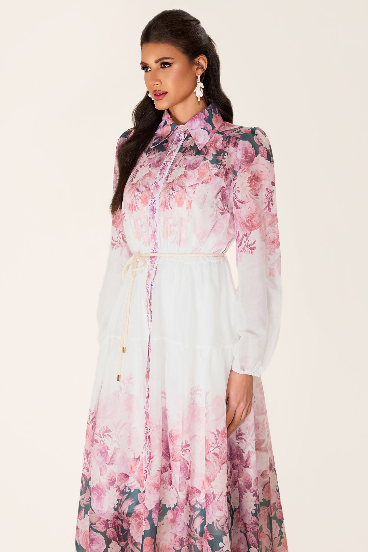 Floral Shirt Collar Long Sleeve Midi Dress