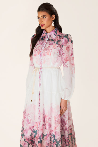 Floral Shirt Collar Long Sleeve Midi Dress