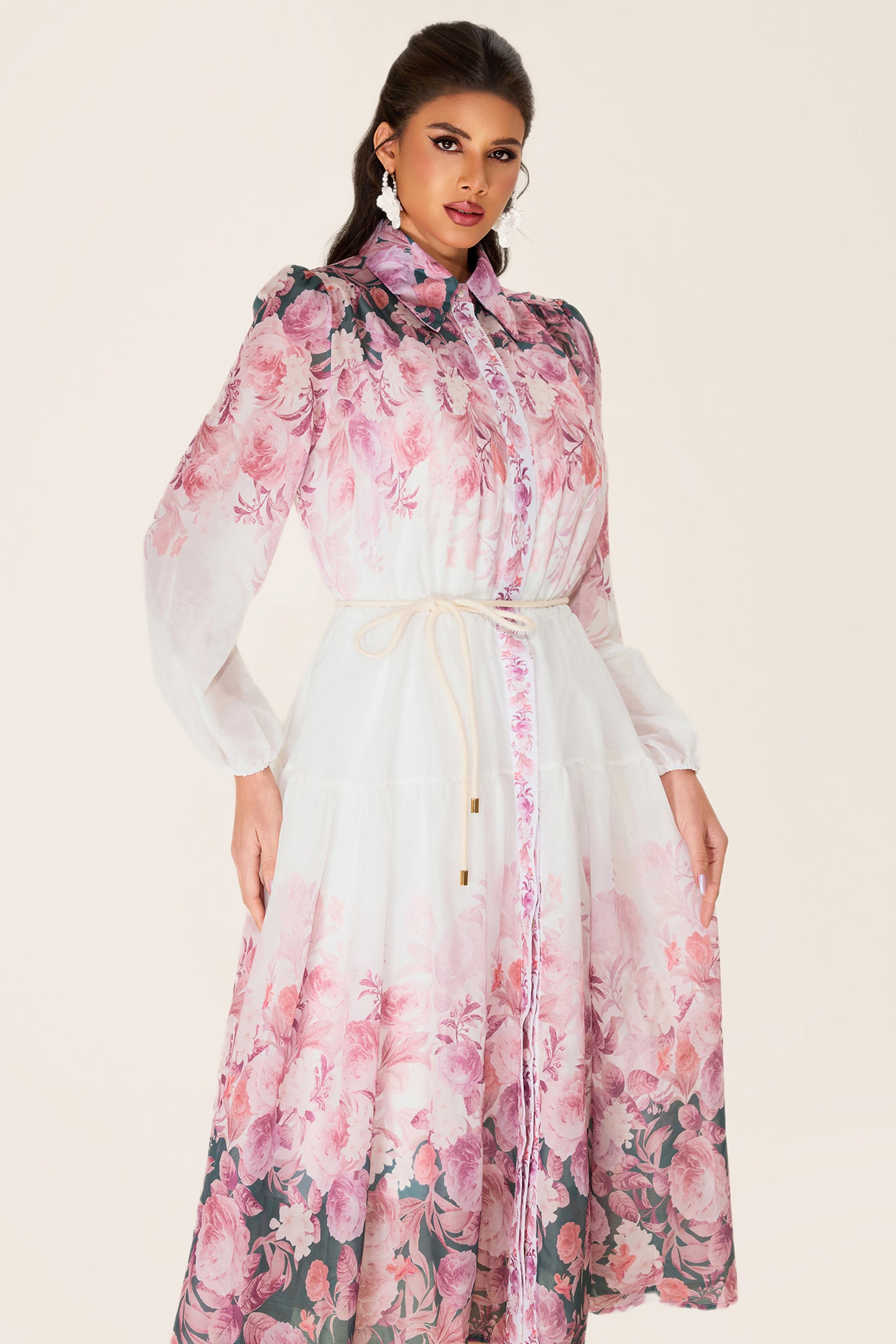 Floral Shirt Collar Long Sleeve Midi Dress