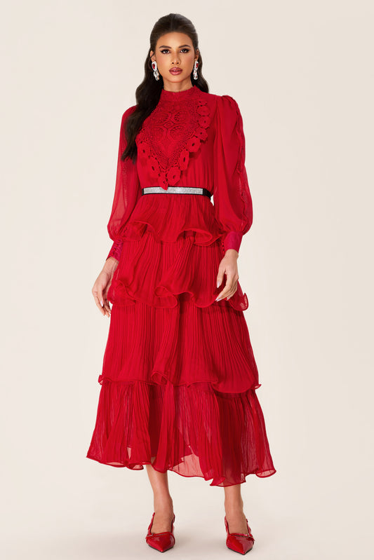 Solid Embroidered Ruffle Stand Collar Maxi Dress