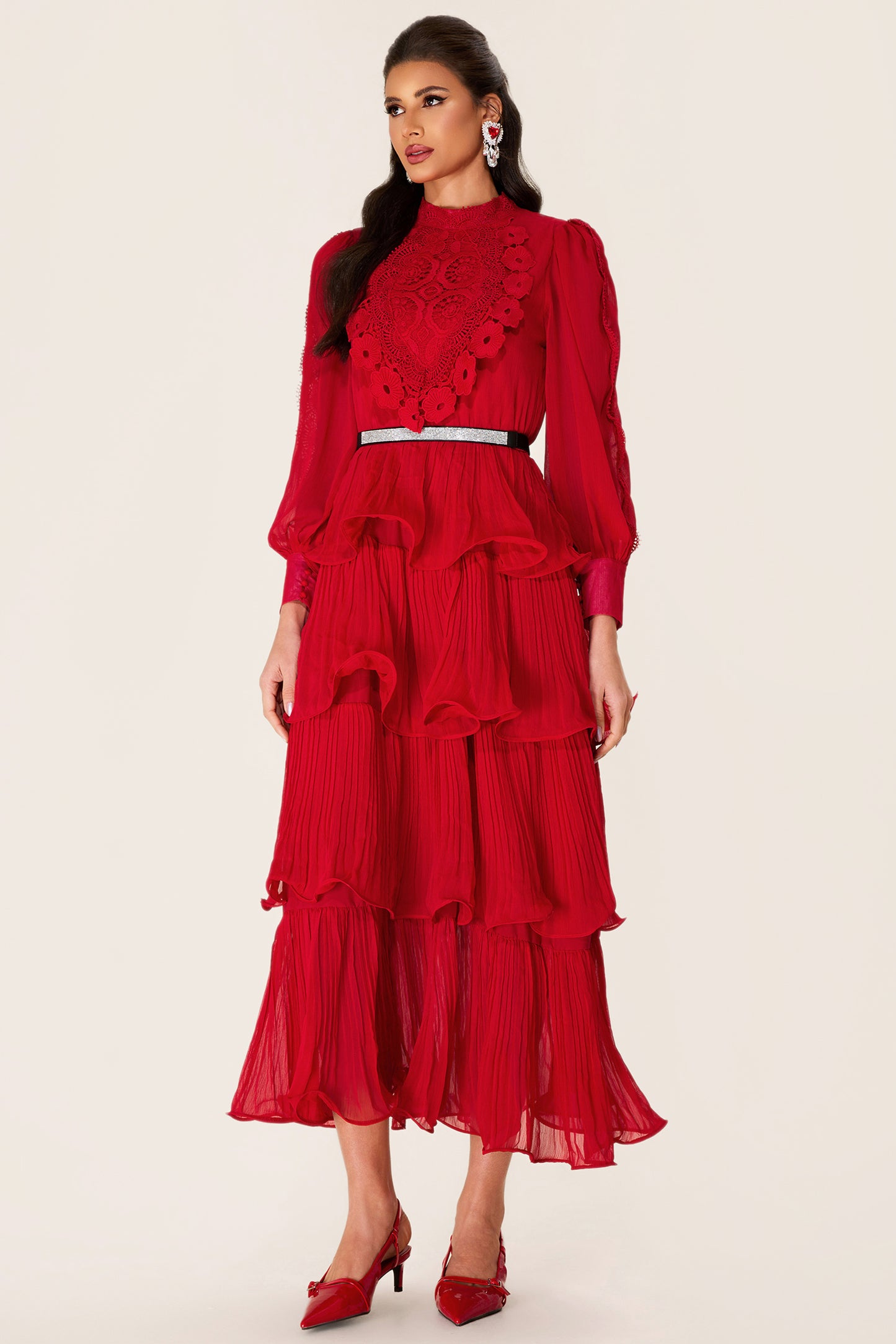 Solid Embroidered Ruffle Stand Collar Maxi Dress