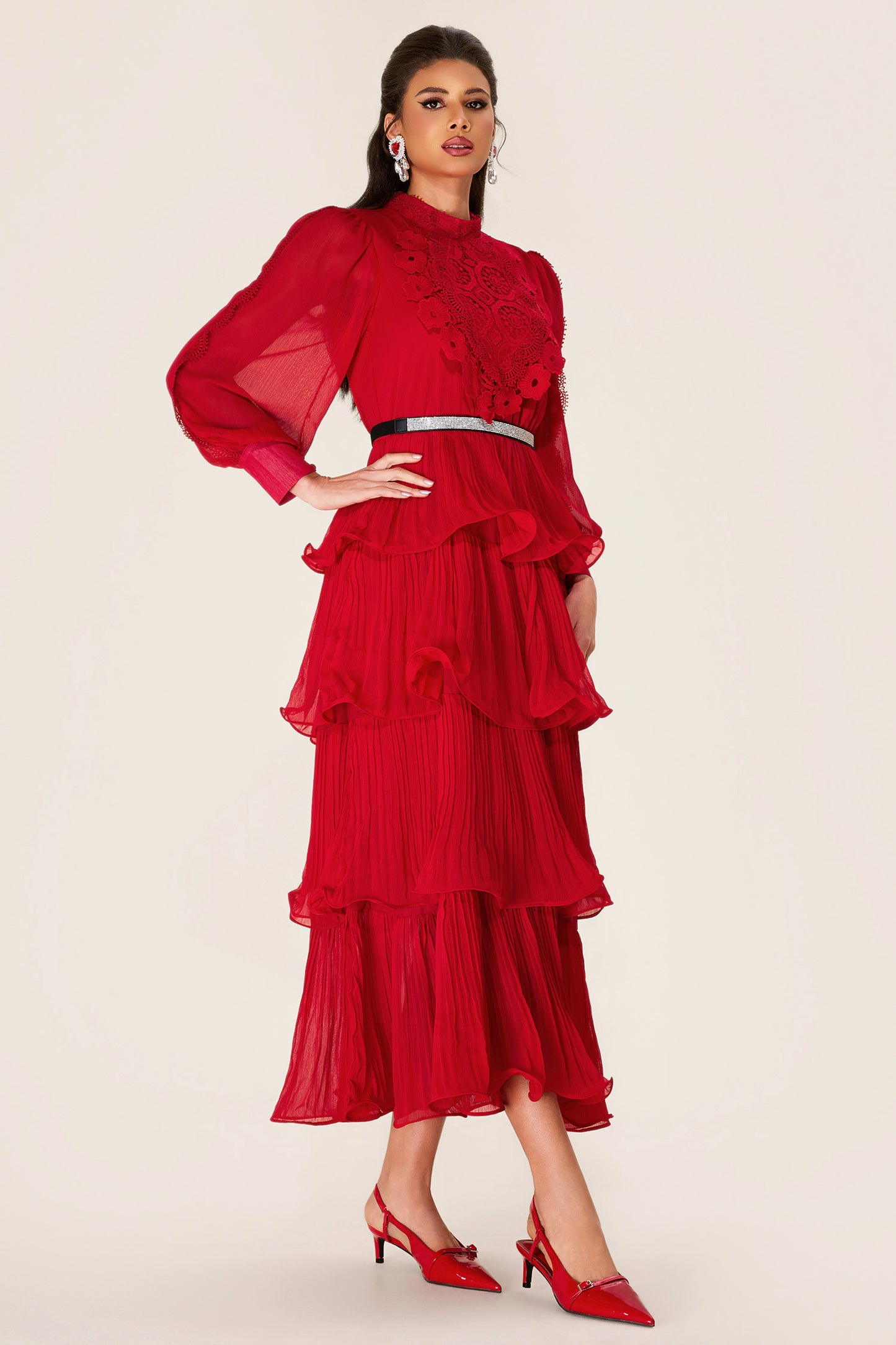 Solid Embroidered Ruffle Stand Collar Maxi Dress