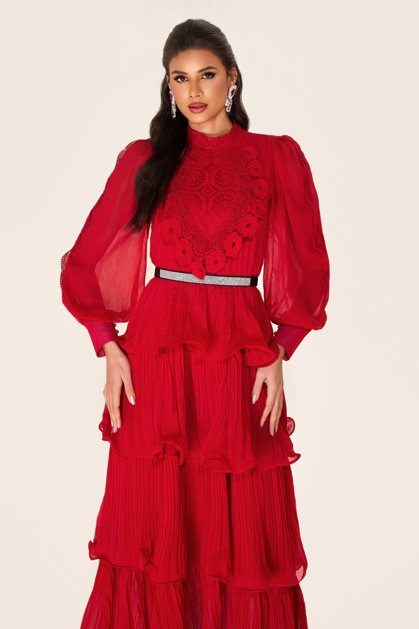Solid Embroidered Ruffle Stand Collar Maxi Dress