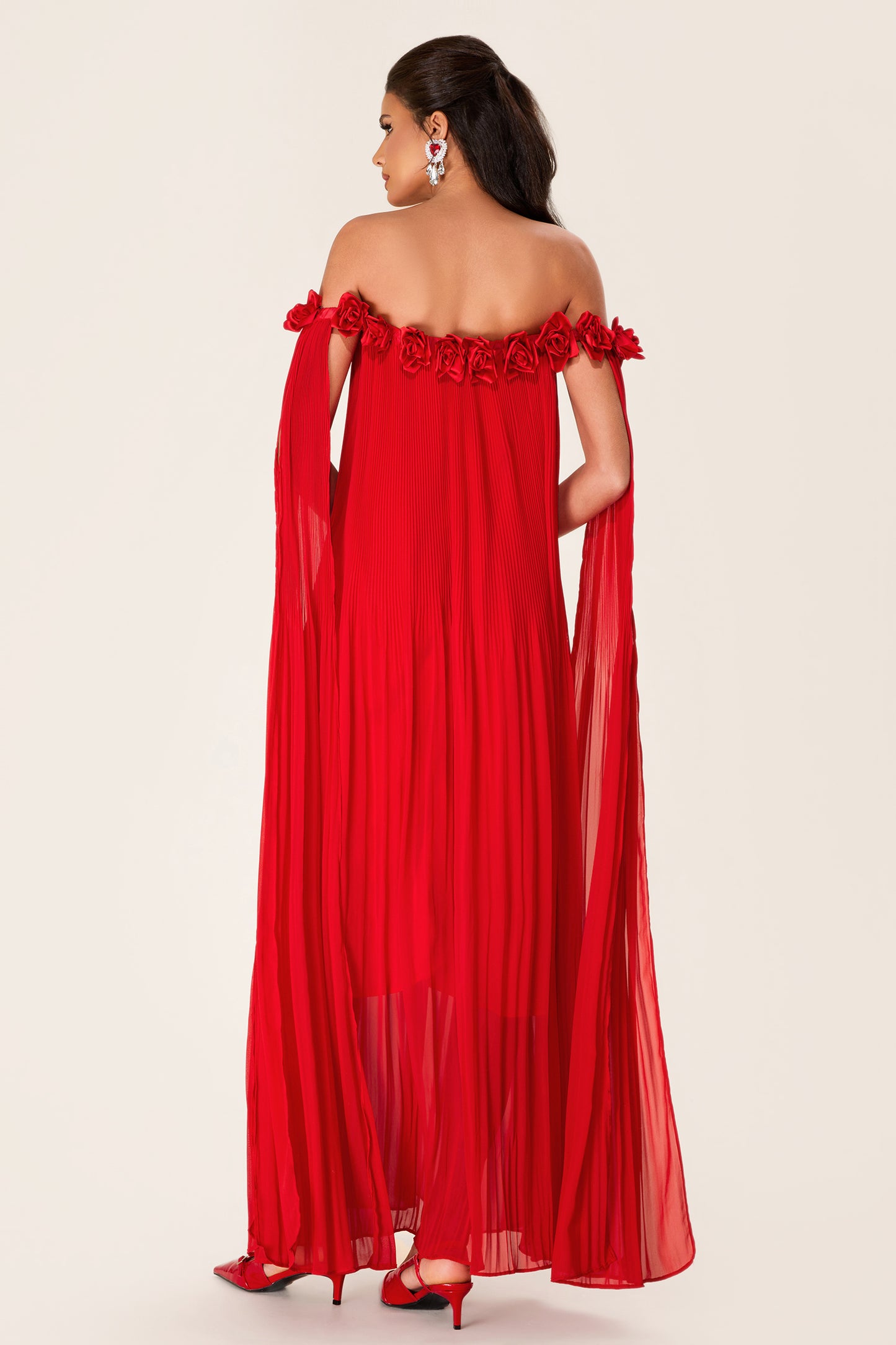 Solid 3D Floral Off-Shoulder Midi Dress