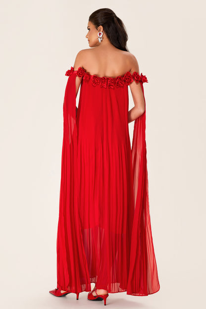 Solid 3D Floral Off-Shoulder Midi Dress