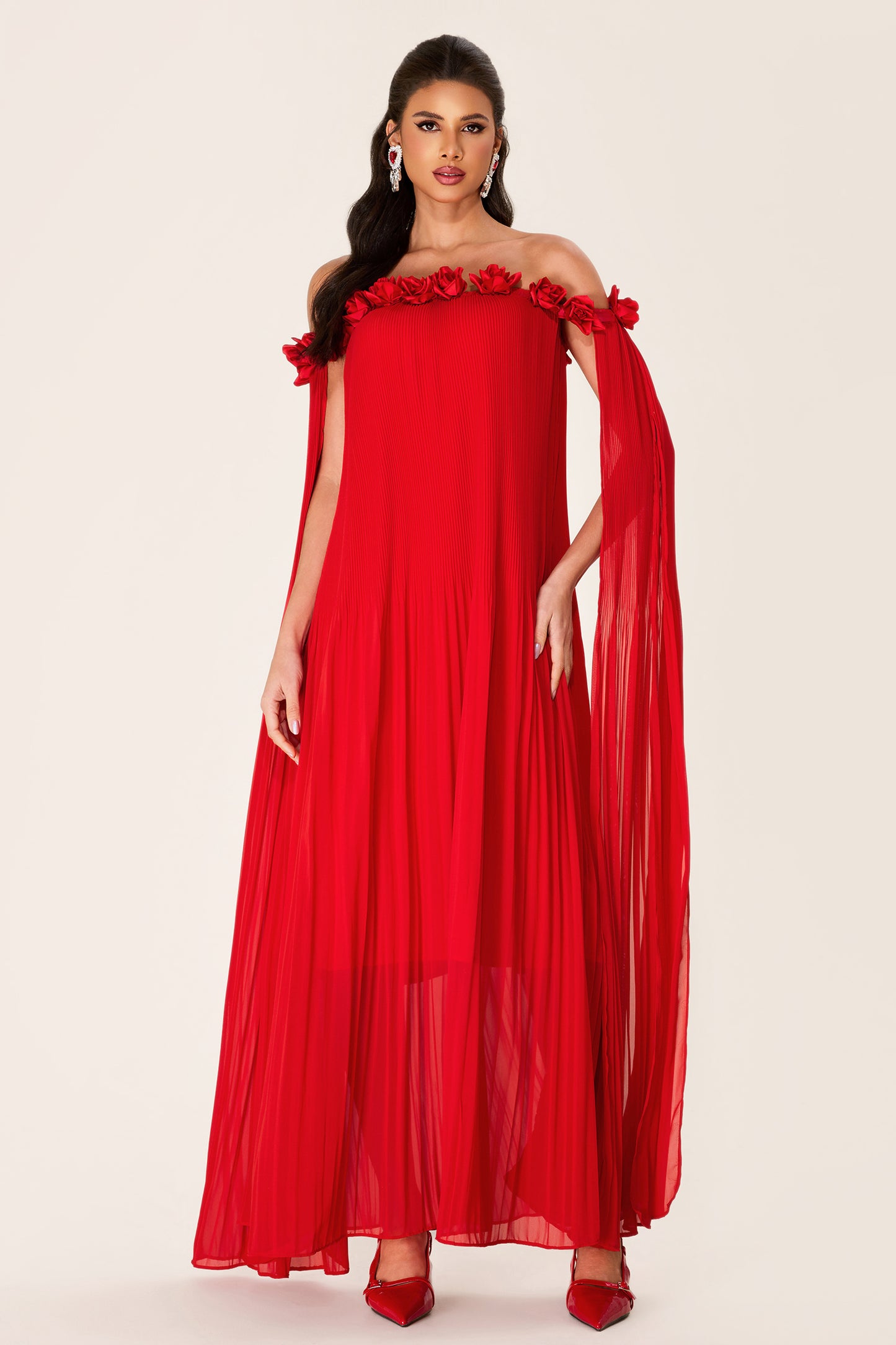 Solid 3D Floral Off-Shoulder Midi Dress