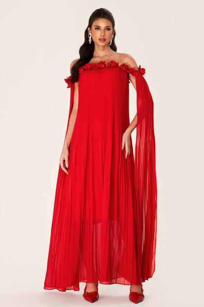 Solid 3D Floral Off-Shoulder Midi Dress