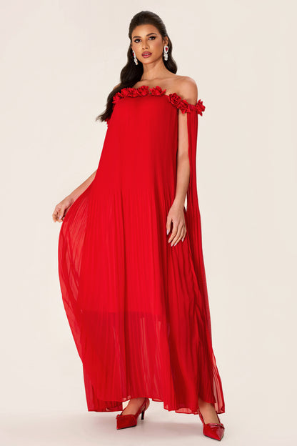 Solid 3D Floral Off-Shoulder Midi Dress