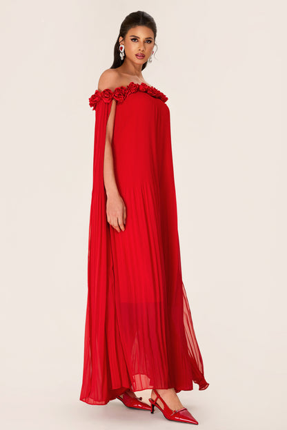 Solid 3D Floral Off-Shoulder Midi Dress