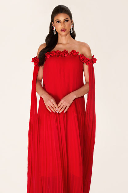 Solid 3D Floral Off-Shoulder Midi Dress