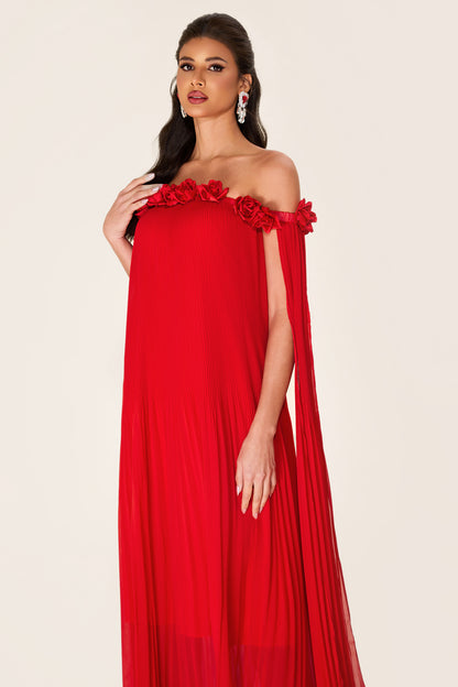 Solid 3D Floral Off-Shoulder Midi Dress