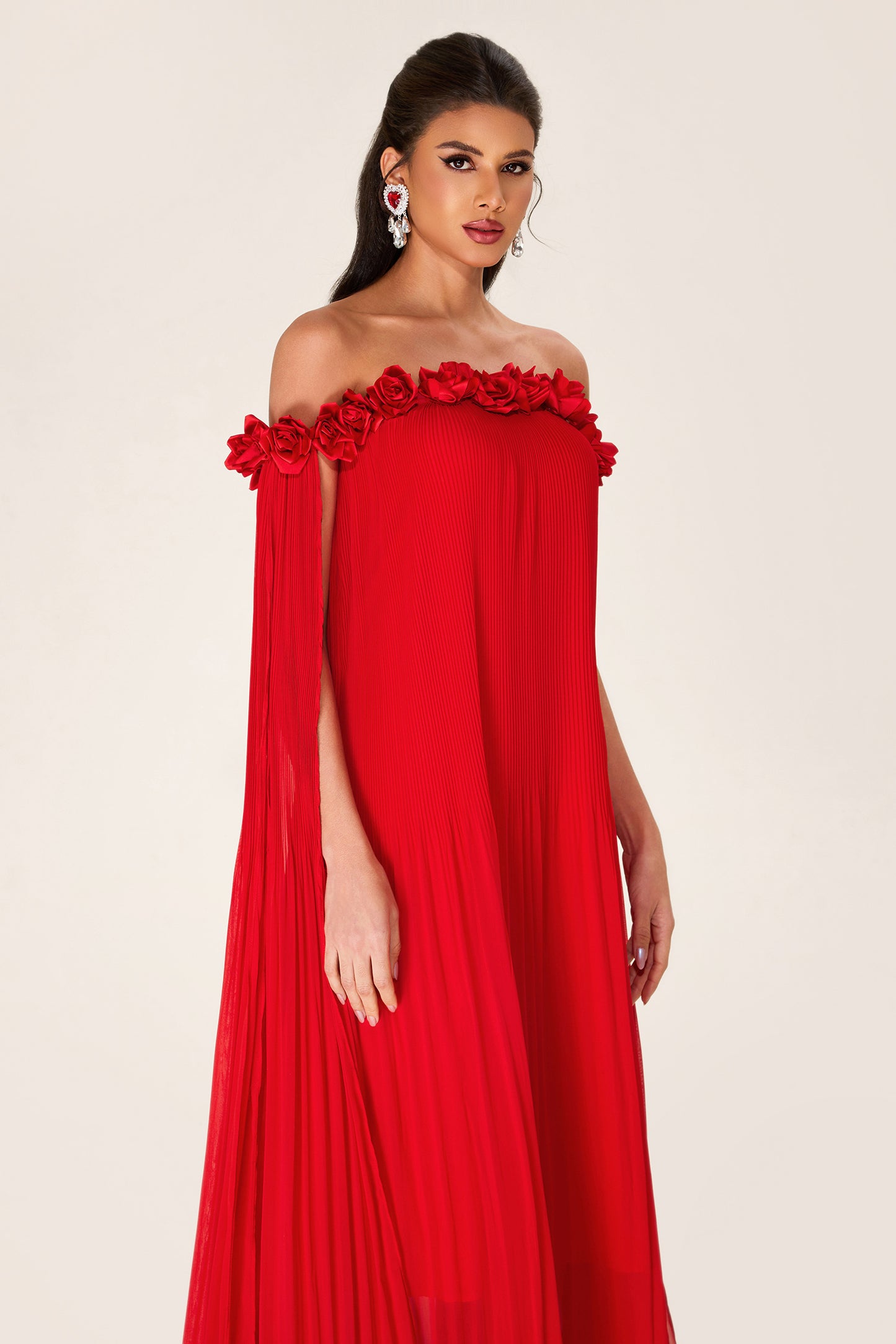 Solid 3D Floral Off-Shoulder Midi Dress